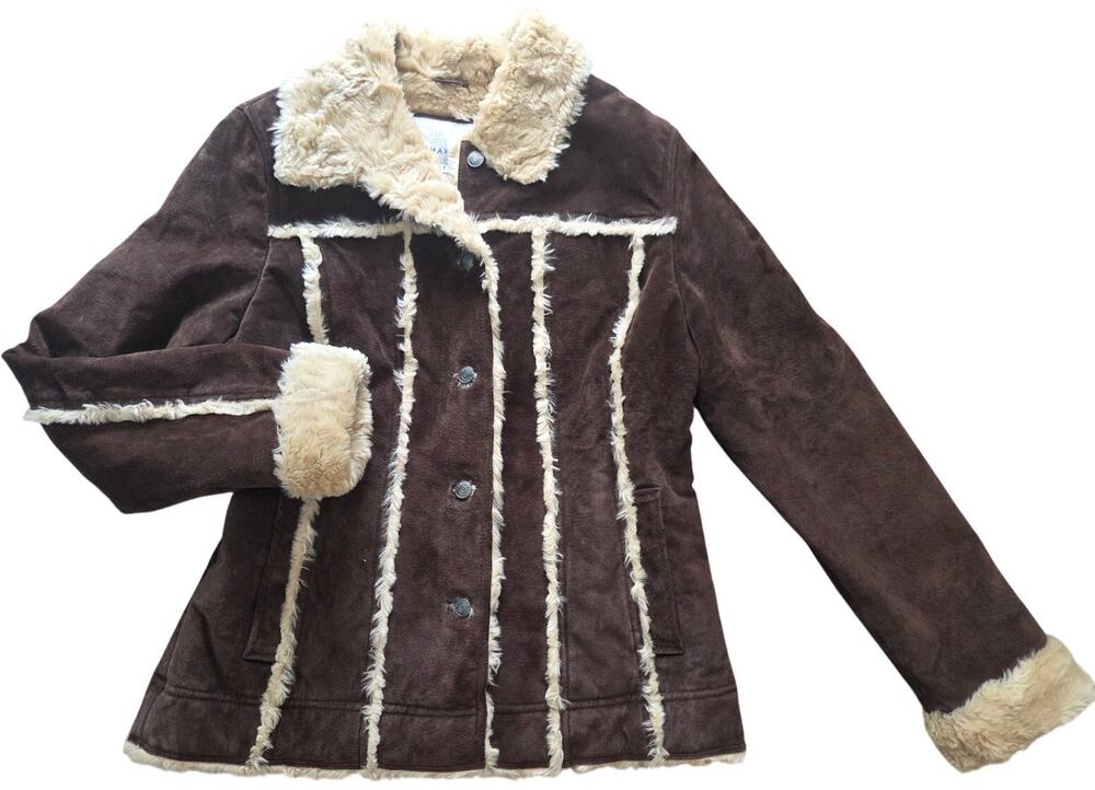 Vintage Wilsons Leather Brown Suede Jacket Faux Fur Trim Penny Lane Womens Large